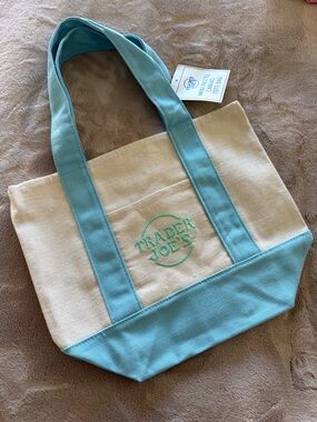 Trader Joe’s Mini Pastel Canvas Tote Bag White and Light Blue NEW NWT